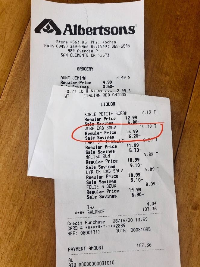 store receipt showing wine purchase