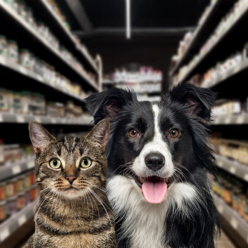 Cat and dog looking in front of food shelves in a pet store
