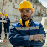front photo of a builder in workwear standing at workplace