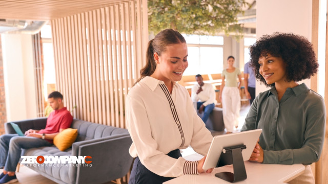 businesswoman suitcase checking hotel reception conference