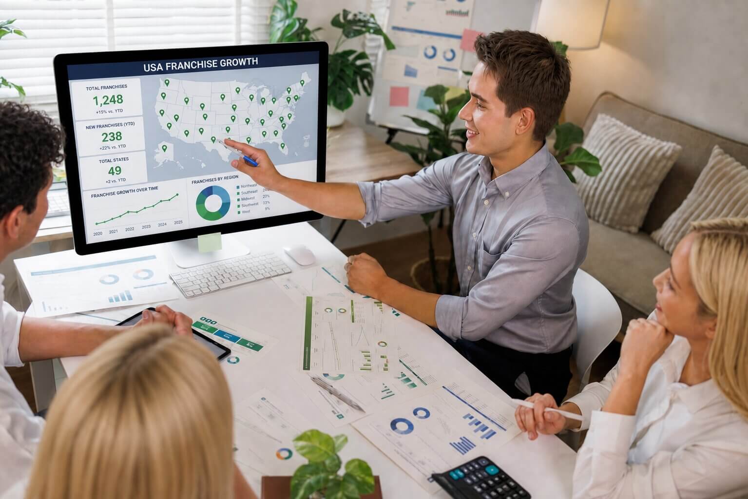 Franchisor team reviewing franchise marketing strategy dashboard